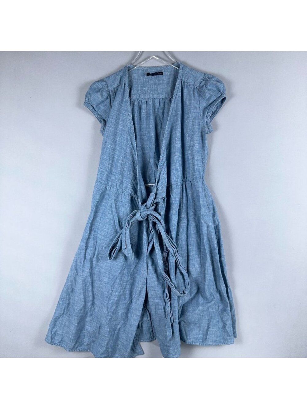 Gap Dress Size 4 Blue Tie-Front Wrap Short-Sleeve 100% Cotton Mid-Length V Neck